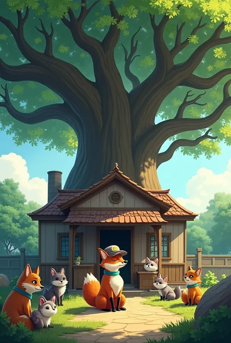 A big banyan tree in front of the school house.  Students are different animals.  (The learned fox sits on a wooden bench, a round cap on his head.)