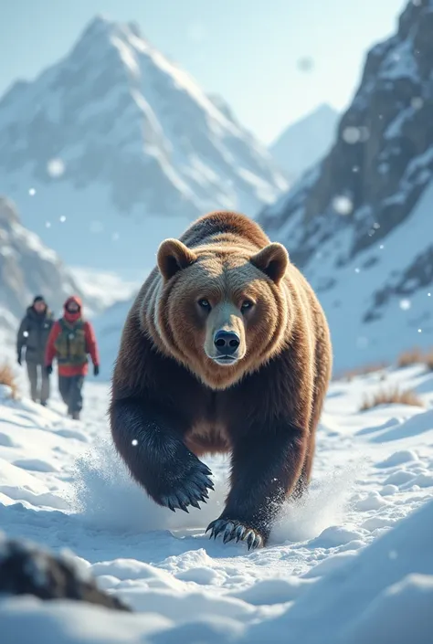 The bear being freed and walking off into the snowy expanse while the rescuers cheer.