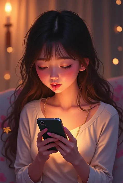 A girl in love kissing her phone screen