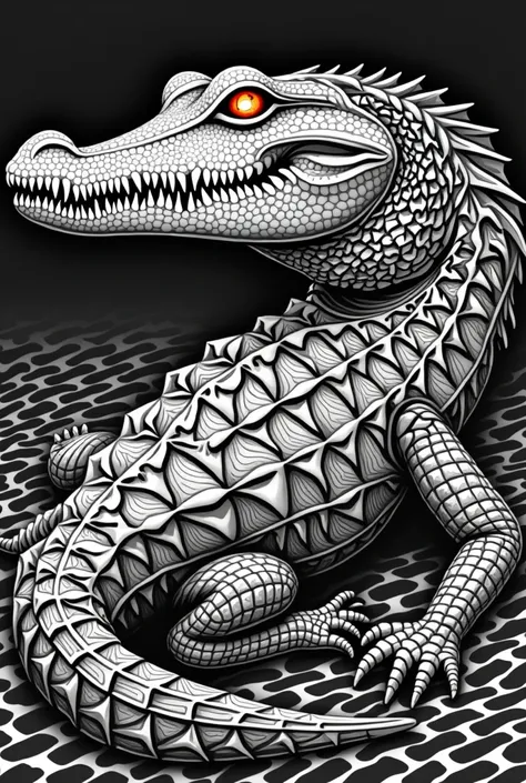 Create an ultra-realistic illustration of a psychedelic crocodile covered in intricate geometric patterns. The crocodile’s body should appear lifelike, with highly detailed scales that transition into mesmerizing fractal and angular designs. The patterns s...