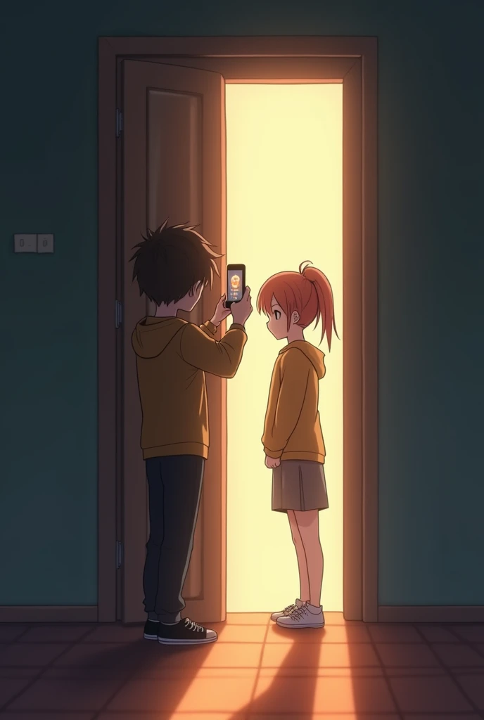  make an anime image of a boy taking a picture of a girl inside a room,  the boy took the photo of him at the door and did it without realizing it the distance between them is a bit long, The door is closed 