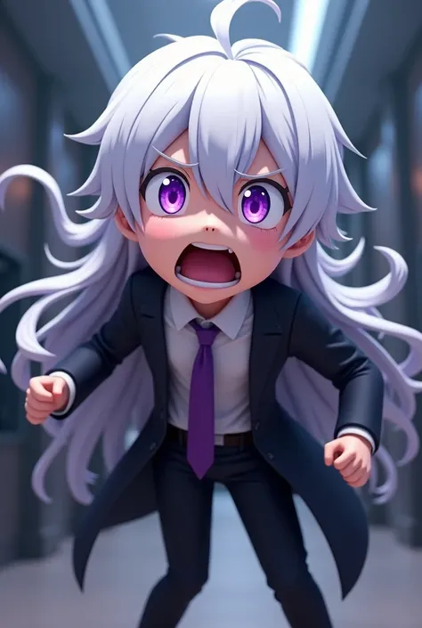 Make a male 3d cartoon anime panic scared shock face long white hairs purple eyes black coat and pant purple tie camera angle left