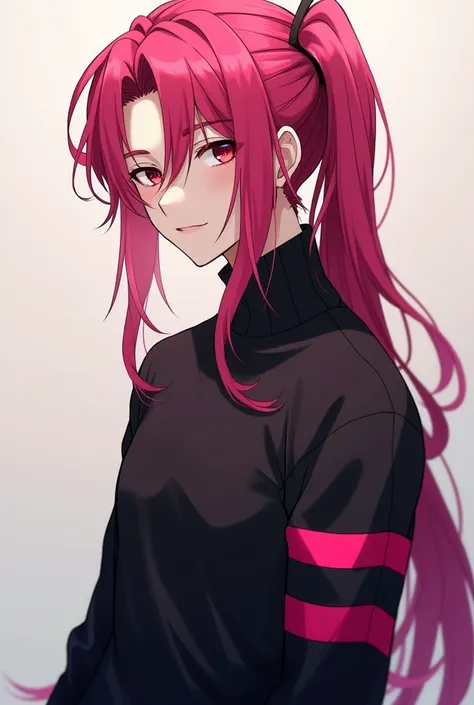 ((Anime)) ((masculine)) Boy with  and long vivid raspberry hair, dressed in a black sweater with vivid raspberry stripes and his hair tied with a black garter and red eyes