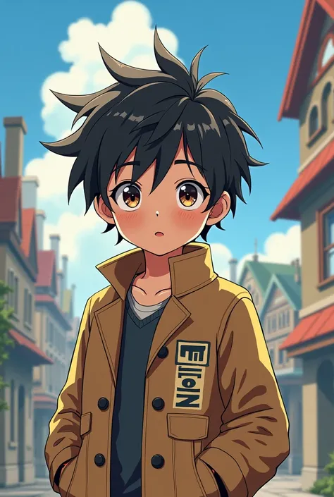  Create an anime-style image of a boy with the name on the coat "Elion "