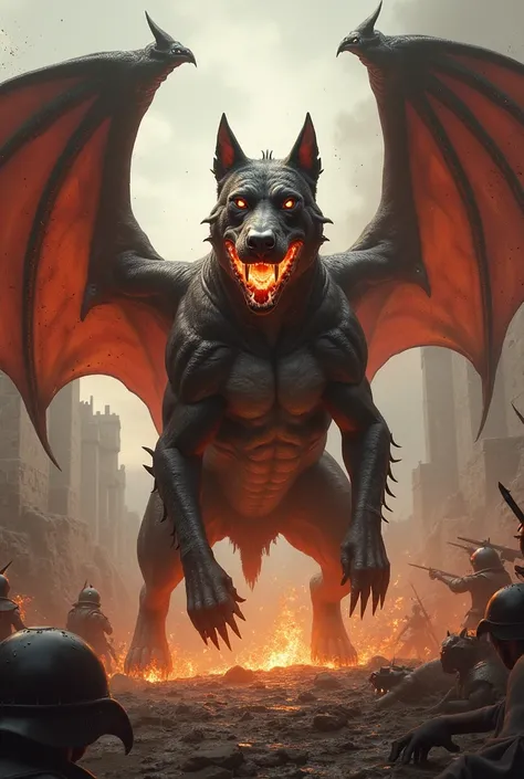  A pitbull with dragon-like wings, breathing fire, and towering over a medieval battlefield. 