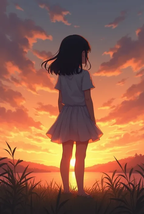 Girl looking at the sunset without showing anything on her face and looking on her back 