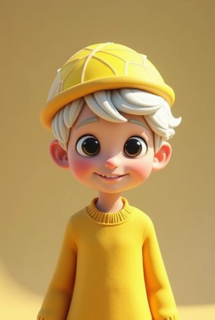 Light-white-skinned male animated character, con un suéter color yellow,  wearing a hat in the shape of half a colored lemon, yellow,  with black eyes  ,  white hair, like 20 years old