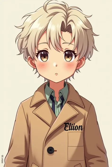 Create an anime-style image of a white boy with the name on the coat "Elion "