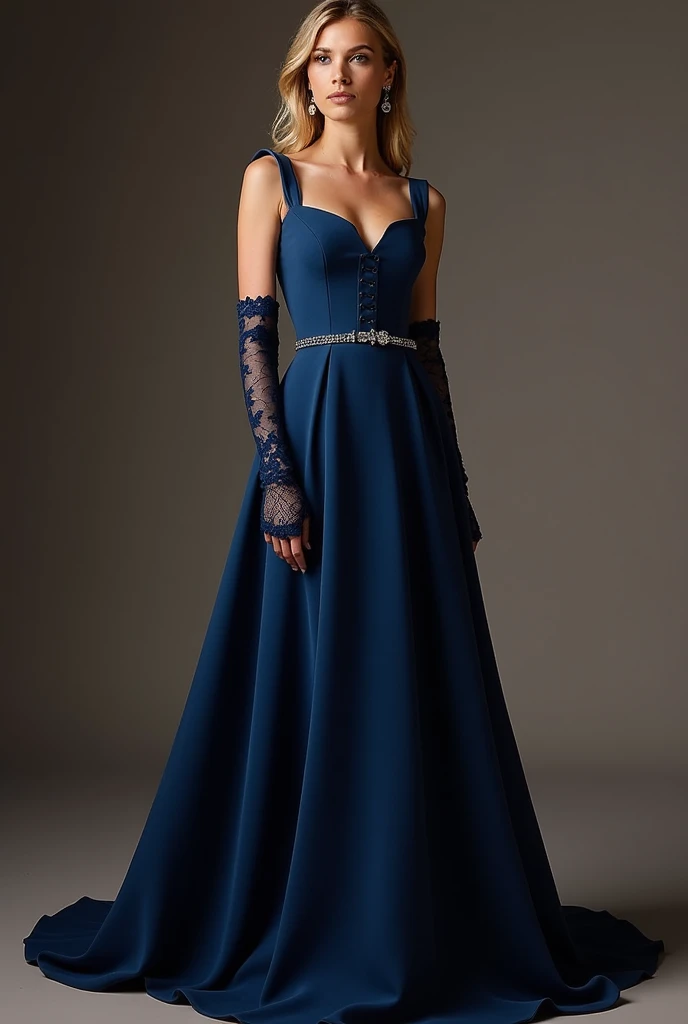 The elegant midnight blue A-line corset dress clings to my curves and flows down, forming a small train behind me. Its neckline is square, but there’s a subtle V-dip in the middle that shows a little cleavage. One mini strap graces my shoulder, while the o...