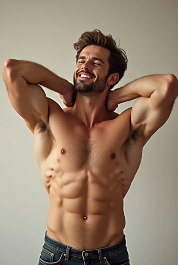 Shirtless brown-haired muscular man tickles his armpits