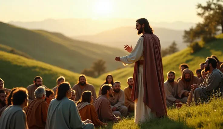 Jesus preaching to the people in the hills, realistic, cinematic, 8k.