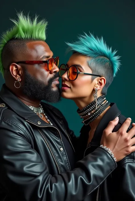  A black man with green Mullet hair and a beard and one who is his daughter  , She is also black with short blue , em um show de rock,  The man seems to be about 50 years old and has a punk style and what seems to be about  and an alternative style,   in t...