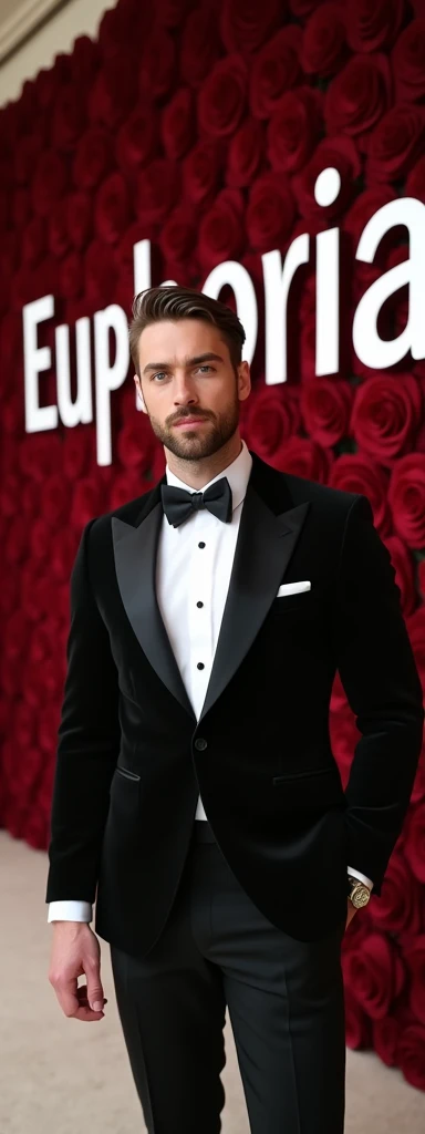 Created a image slightly stylized and
hyperrealistic portrait. a young man, 24 years old square face, pale skin, blue eyes, trimmed beard, dark brown brushed back hair, muscular wearing an elegant black tuxedo) 

Realistic image, a scene from A large-scale...