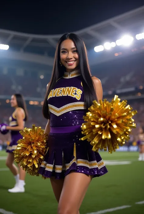 A 26-year-old woman with long straight black hair ,  Thick lips, hourglass silhouette, small waist, she wearing a dark purple cheerleader uniform made of sequins with a high neck collar and ‘RAVENNES’ written in the center, a mini skirt made of golden ribb...