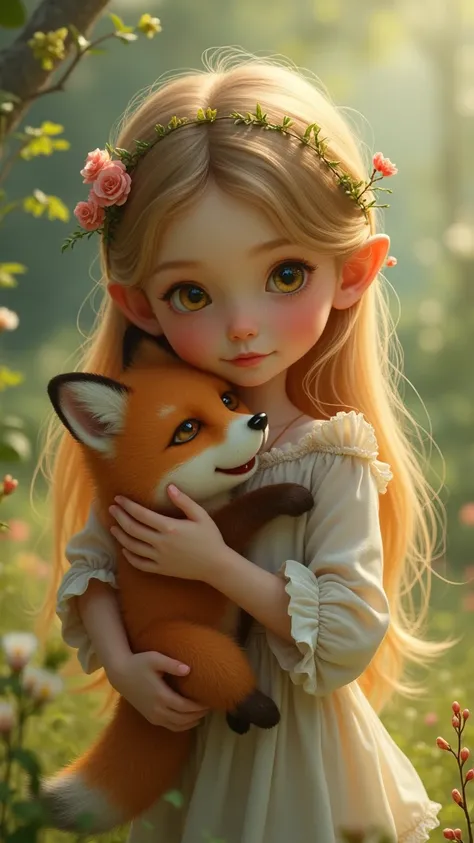 A girl with a little fox in her arms