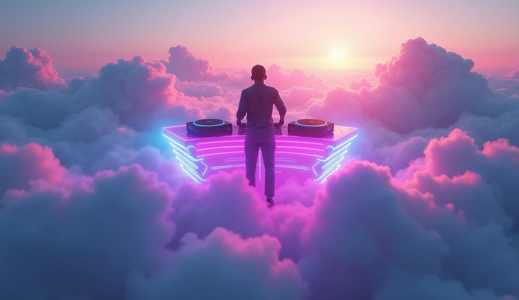 a dj above the clouds, edm music, neon energy, futuristic dj booth, in the clouds, front view, detailed, best quality, 4k, 8k, highres, masterpiece:1.2, ultra-detailed, realistic, photorealistic, photo-realistic:1.37, HDR, UHD, studio lighting, ultra-fine ...