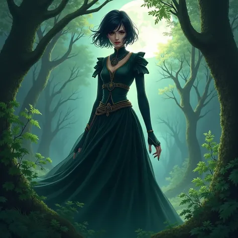 Sorceress with short black hair in the middle of a lush forest in the moonlight