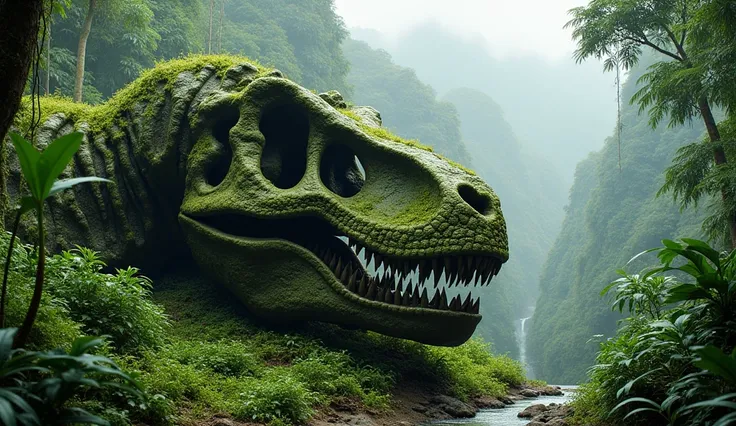 A gigantic T-Rex skull half-buried in the ground, covered in moss, in a lush tropical rainforest, with a vast expanse of water visible in the distance, no flowers, the skull and lower jaw fused together like a small garden