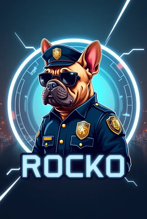  Create a logo with a futuristic background ,  in the middle a French Bulldog blues fawn ,  dressed as a police , with a title Rocko 