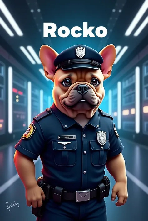  Create a logo with a futuristic background ,  in the middle a French Bulldog blues fawn ,  dressed as a police , with a title Rocko 