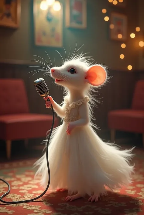 Image of a very thin little rat with long hair singing karaoke in a white dress