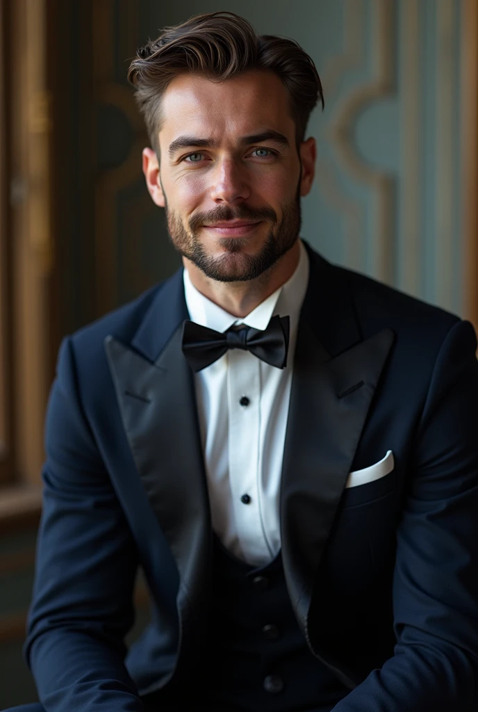 Created a image slightly stylized and
hyperrealistic portrait. a young man, 24 years old square face, pale skin, blue eyes, trimmed beard, dark brown brushed back hair, muscular wearing an elegant dark navy blue tuxedo) 

Realistic image, a scene from A la...