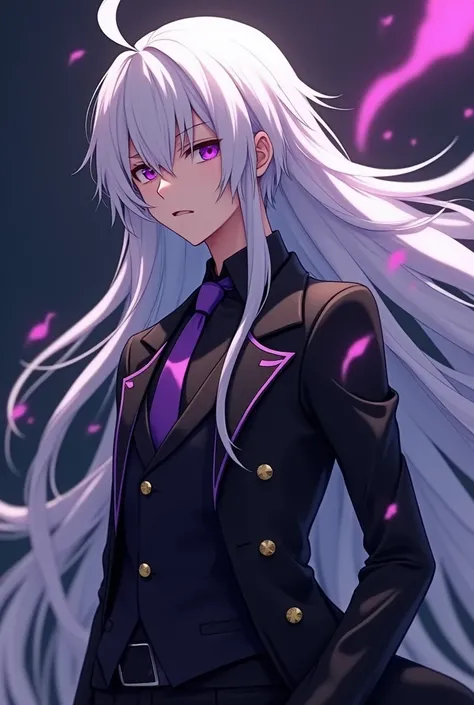 Make a male 3d cartoon anime he was get fear on his face long white hairs purple eyes black coat and pant purple tie camera angle right side