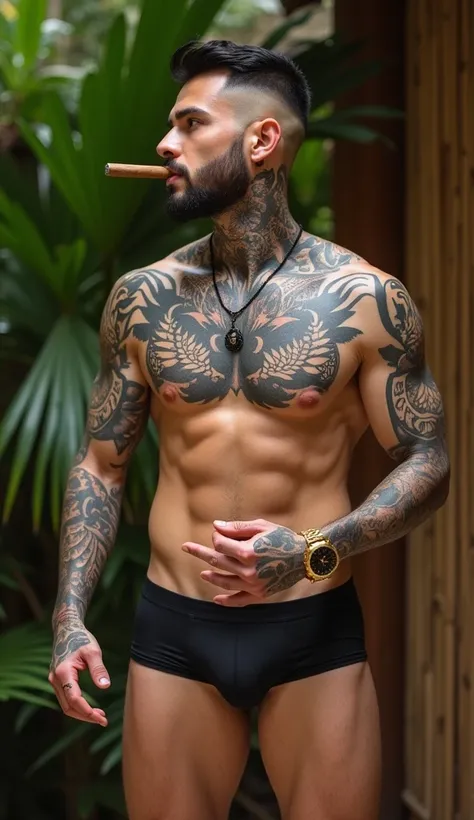  The image shows a man tattooed on a large part of his body , including the neck, chest, arms and hands.  He is wearing black underwear and has an athletic physique .  The man is holding a cigar in one hand and wearing a gold watch on his wrist. In the bac...