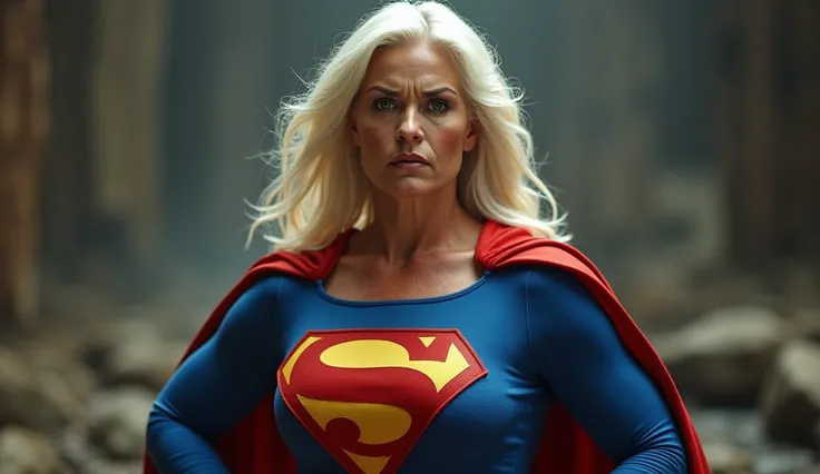 Old strong Supergirl 1984s.  big breasts. Ols Supergirl; white hair; HD. Photograph, ((realism)), extremely high quality RAW photograph, ultra detailed photograph, sharp focus, high resolution, (detailed skin:1,3),high quality, film grain, Fujifilm XT3,Hig...