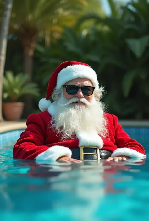 Santa Clous sitting with black glasses in a swimming pool 