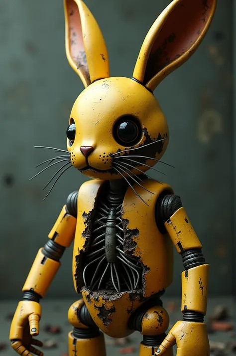  Generate an image of a heavily damaged animatronic rabbit in a yellow color/ gold is missing .  Your right ear is largely missing ,  with some wires popping out .

 Your body is completely torn and ragged ,  with holes exposing mechanisms and wires everyw...