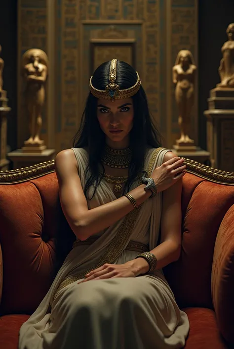 "Cleopatra in an elegant but somber pose, sitting on a luxurious couch, with a small venomous snake (asp) near her wrist, the room adorned with Egyptian artifacts and dim lighting."
