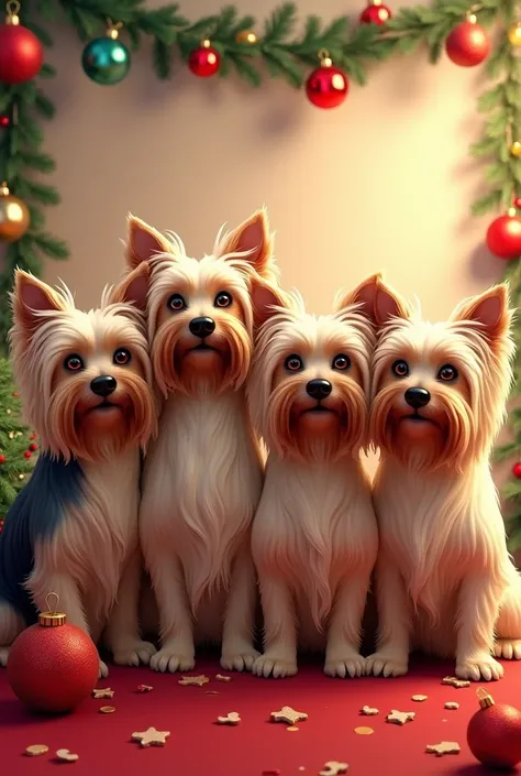 4 Yorkshires Terrier show with long hair with Christmas ornaments 