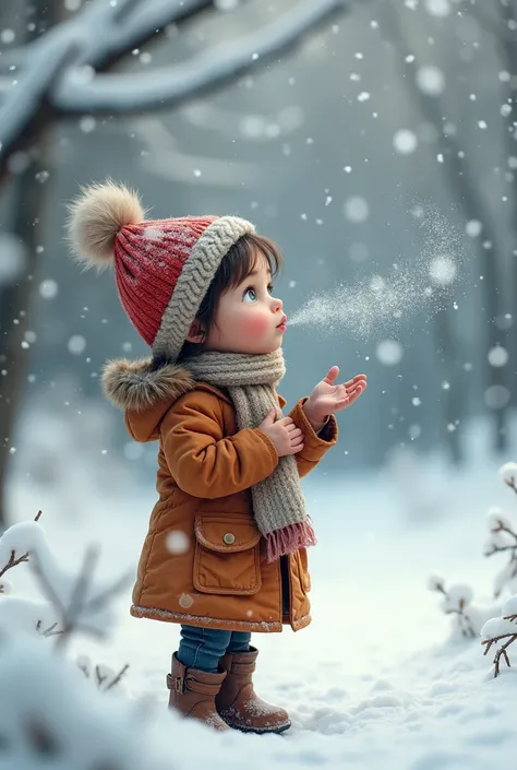 Generate a winter photo with snow and a girl blowing the snow. Girl is close to the camera please 