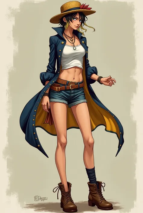  Paine from comics 
One Piece style : garota de olhos brown escuro,  short hair,  wavy and black with blonde locks ,  the clothes must be in shades of Navy blue , golden, brown,  white and black and must be shorts with a grapevine feel on the thigh,  a soc...