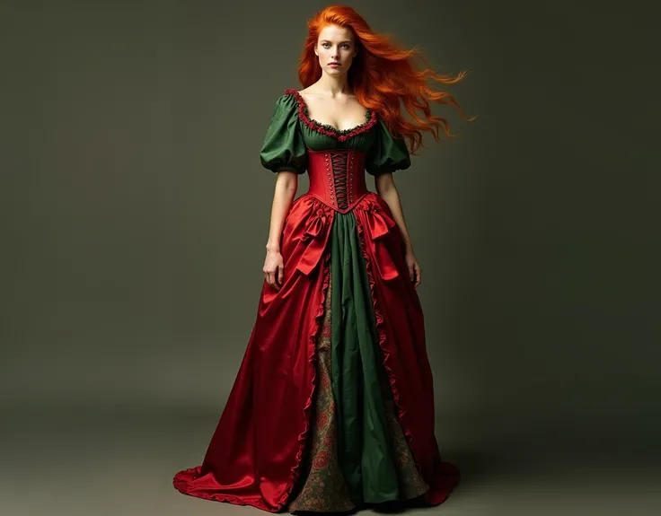 The most beautiful red haired woman 19th century dress, corset, on the dress looped ornamentations (red bows) to indicate the different layers to the dress, dress is close to her body, (((tight dress))), whole dress is tight, industrial era dress, outer la...