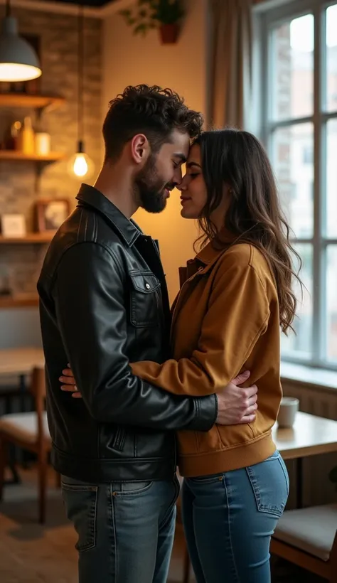 A contemporary, intimate portrait of a same-sex couple in a modern urban setting, showcasing love and connection in a warm, inviting atmosphere.