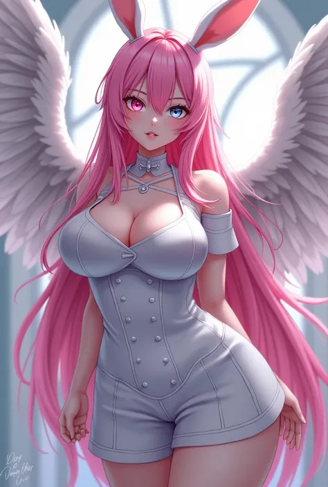  Anime girl rabbit nurse with large bust ,  wide hips extremely long pink hair, the first gray eye and the second pink eye , tez blanca, with angel wings 