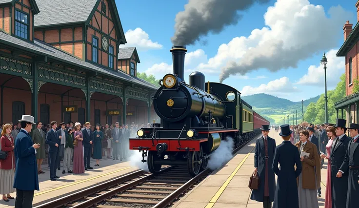 create an anime-like image of a ,  train station featuring the first train built in England