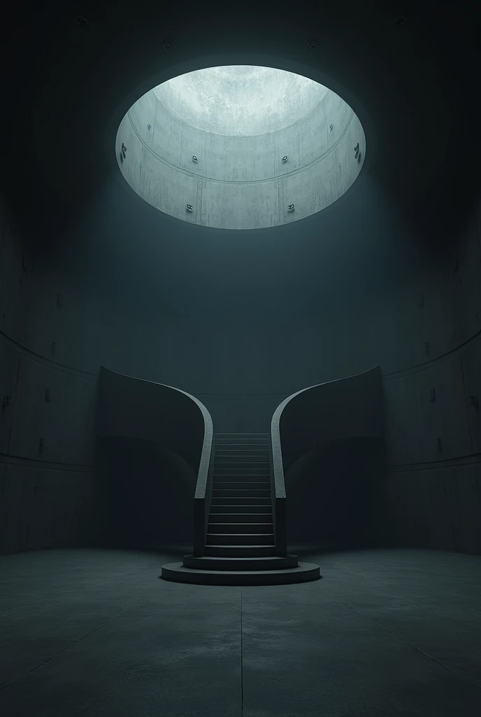 a closed dark circular room , with a small staircase that faces upwards,  but with enough space to move more