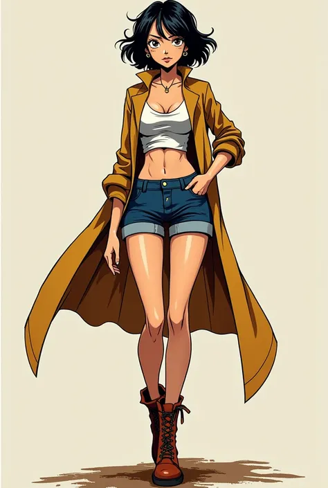 Manga panel
One Piece style : garota de olhos brown escuro,  short hair,  wavy and black with a stretch of blondes ,  the clothes must be in shades of Navy blue , golden, brown,  white and black and it has to be a short,  a sock on one of her legs , And a ...