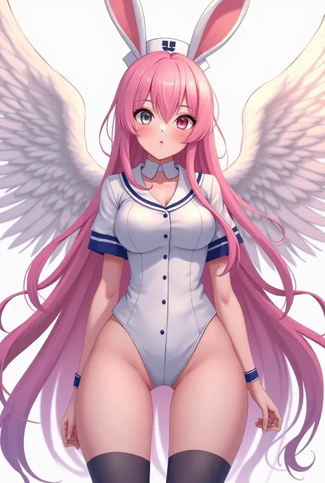 Anime girl rabbit nurse ,  wide hips ,  extremely long hair and pastel pink, the first gray eye and the second pink eye , tez blanca, with angel wings 