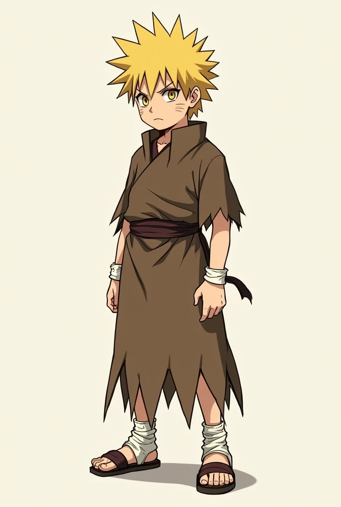  A  boy with blond hair , , shaved on the sides and messy ,  deep yellow eyes full of melancholy and determination,  and a slight scar on his right eyebrow .  His build is slim and athletic , with simple clothes:  a frayed brown robe ,  bandages on his wri...