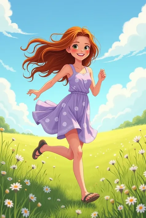 A whimsical, hand-drawn style artwork of a young woman running through a serene grassy field. She has long, flowing auburn hair, and her light summer dress is a soft lavender with delicate white floral patterns. The sketch-like outlines are soft and textur...