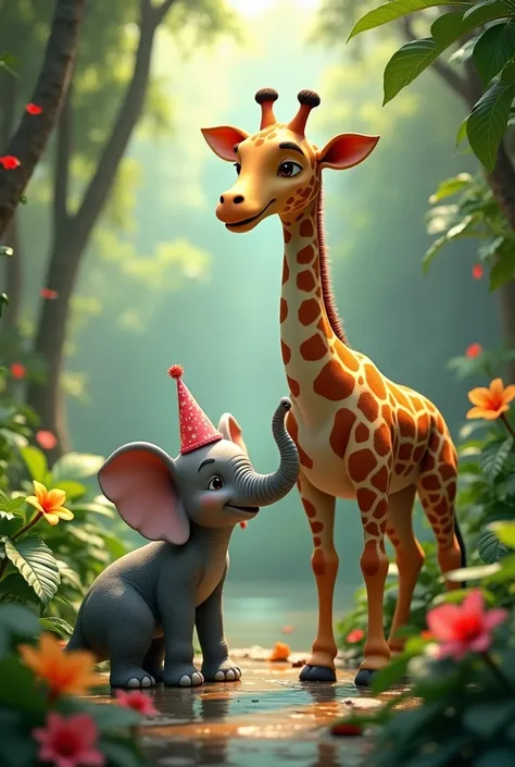 Créez une image dun bébé éléphant avec un ami crocodile lors de la fête danniversaire dune girafe alors quils sont dans la jungle. Cela créera une image réaliste.