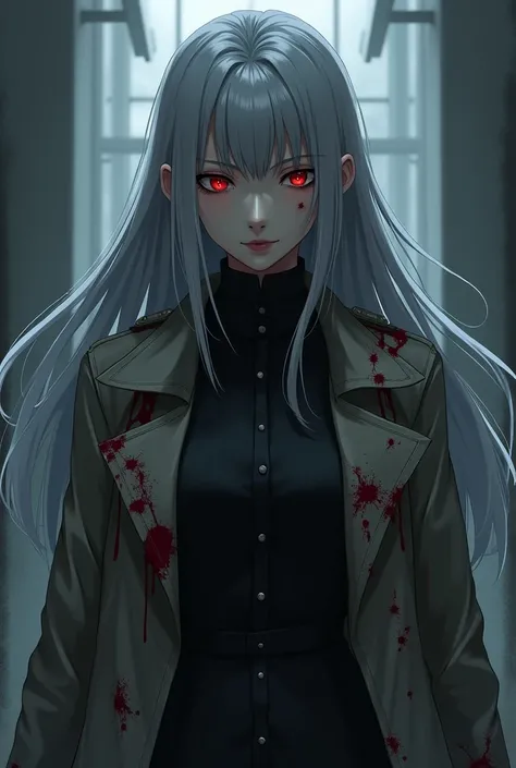 A 30-year-old woman wearing dark clothes with a trench coat with blood-colored signs.  With long gray hair , beautiful and with a cold look . Anime version