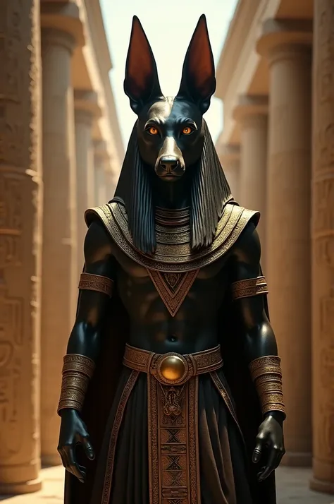 Super realistic cinematic image of Anubis with striking and vibrant eyes with an ominous look in an ancient Egyptian outfit befitting one of the gods of ancient Egypt 