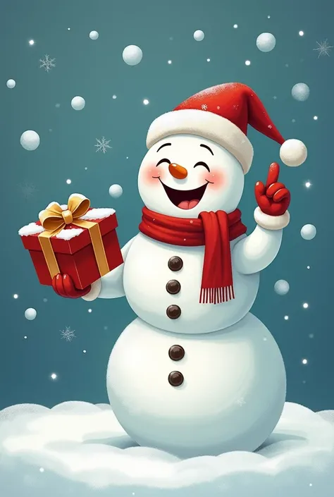 A snowman holding a gift box and raising his opposite finger is laughing expressively. He is standing