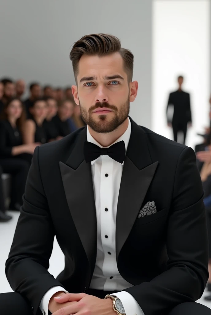 Created a image slightly stylized and
hyperrealistic portrait. a young man, 24 years old square face, pale skin, blue eyes, trimmed beard, dark brown brushed back hair, muscular wearing an elegant black tuxedo) 

Realistic image, a he is sitting down watch...