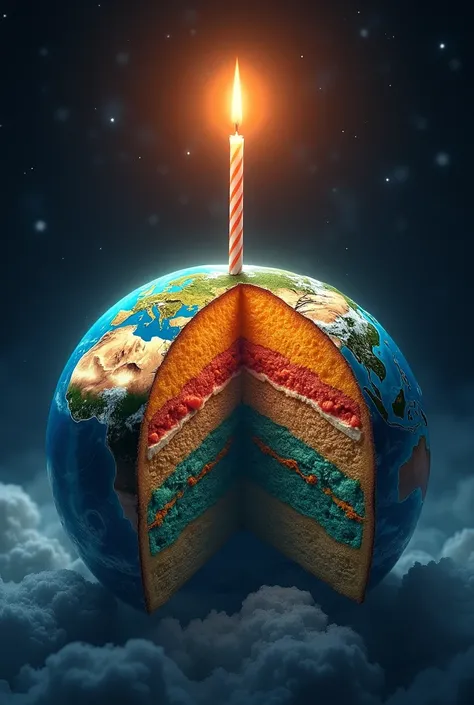 a surreal scene in which the planet Earth appears in the form of a slice with a birthday candle on top. The candle flame is the sun itself. Actual image.